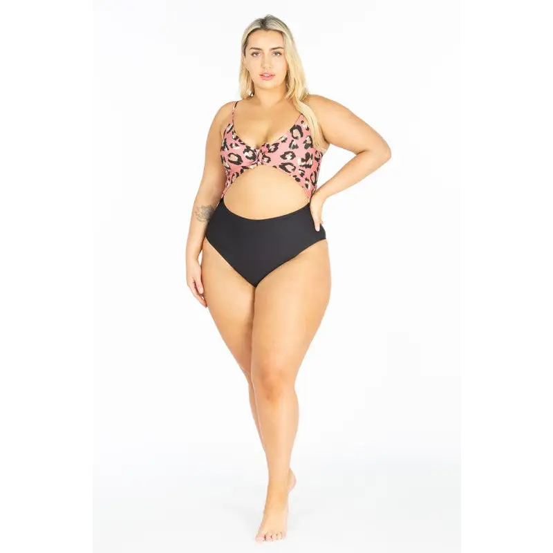 Plus Size Cut Out Pink Leopard Print Swimsuit - 1XL