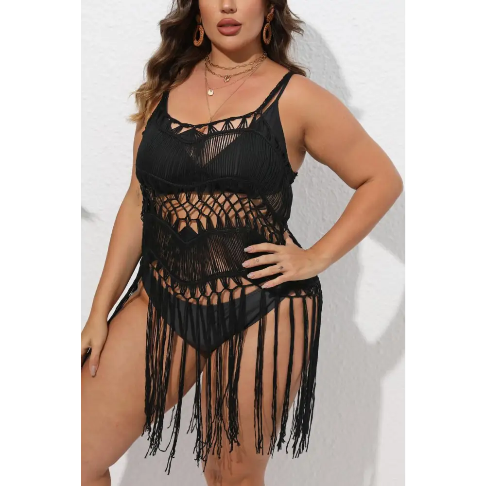 Plus Size Cut - Out Tassel Crochet Dress Cover - Up(only