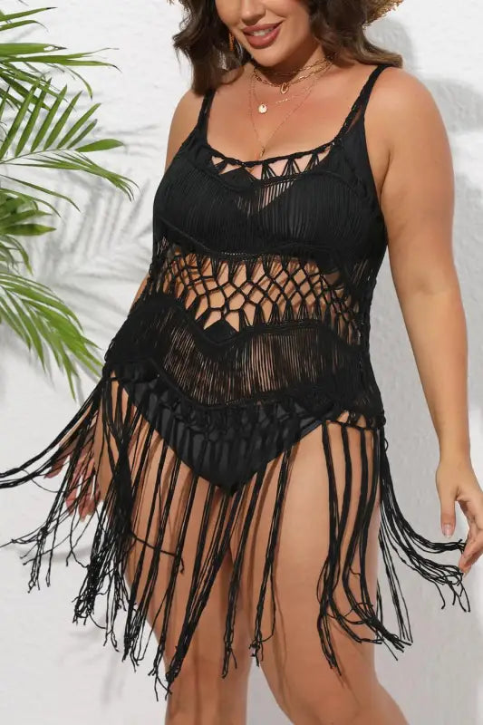 Plus Size Cut-Out Tassel Crochet Dress Cover-Up(only