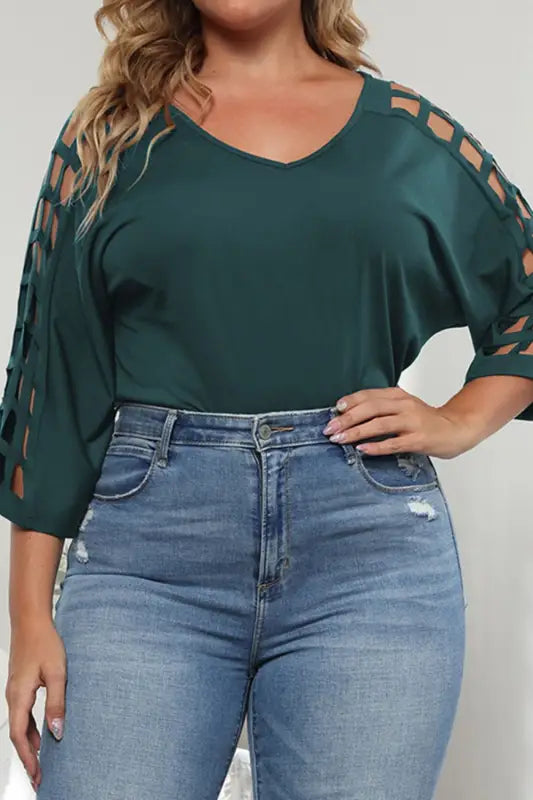 Plus Size Cutout Three-Quarter Sleeve Top - XL / Forest