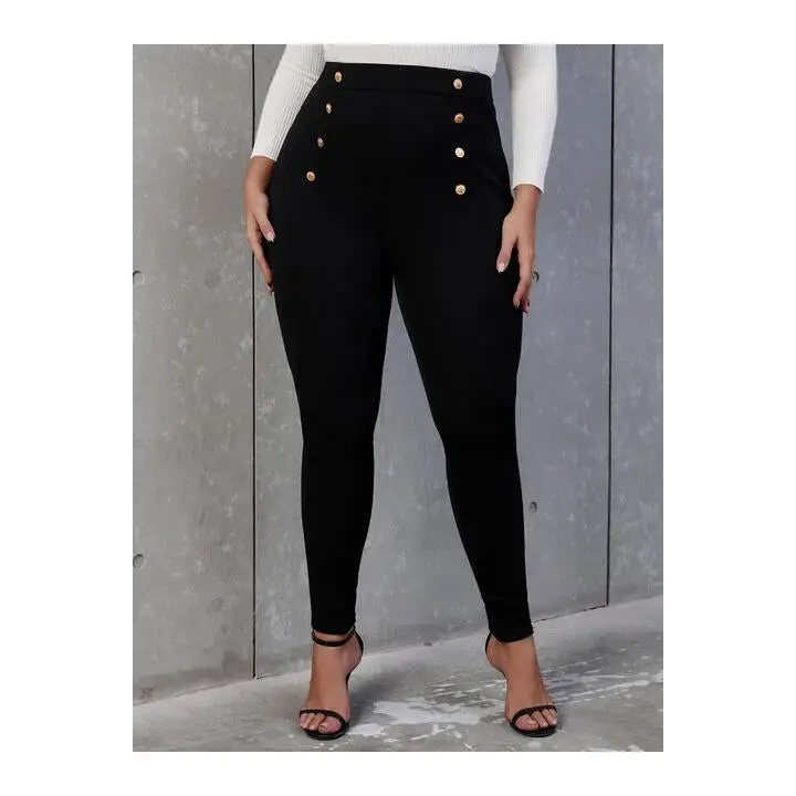 Plus Size Decorative Button Skinny Pants (1XL-5XL) - Black