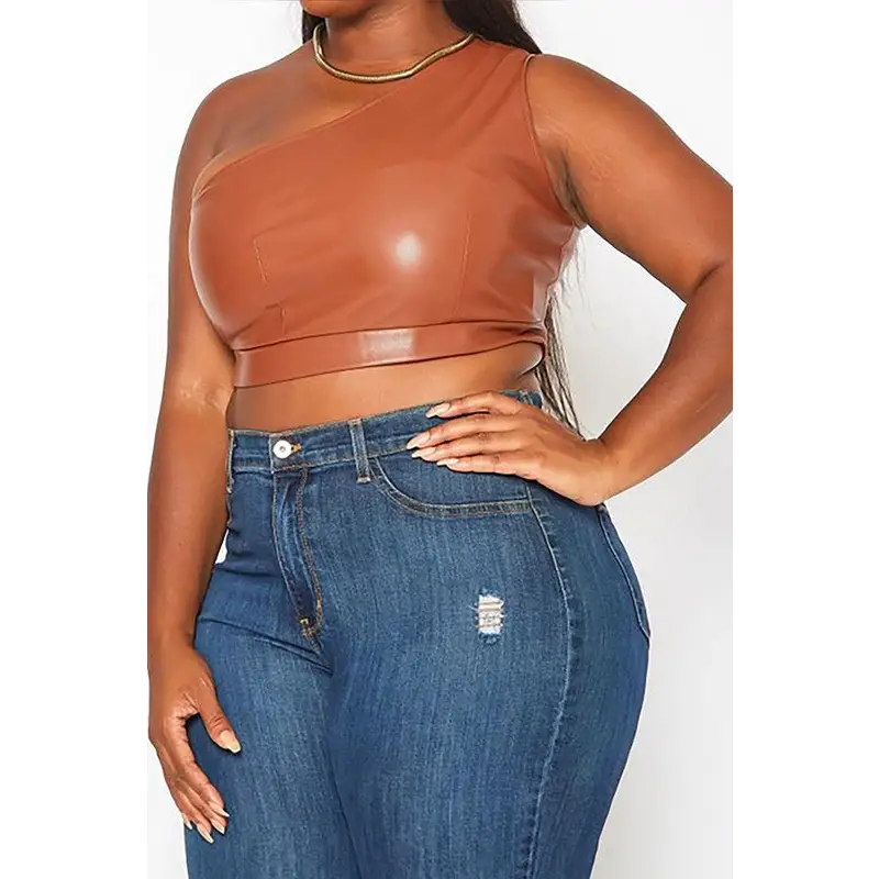 Plus Size Faux Leather One Sleeve Crop Top - 1XL / Caramel