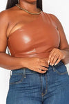 Plus Size Faux Leather One Sleeve Crop Top - PU Tops