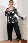 Plus Size Floral Belted Robe and Pant Pajama Set - 1XL