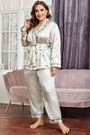 Plus Size Floral Belted Robe and Pant Pajama Set - Sets