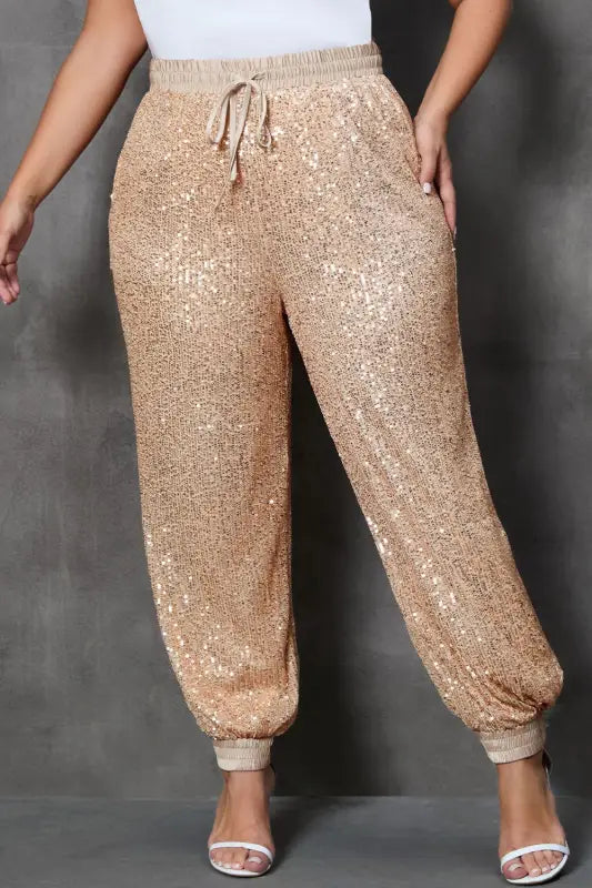 Plus Size Gold Sequin Drawstring Joggers with Pockets - 1XL
