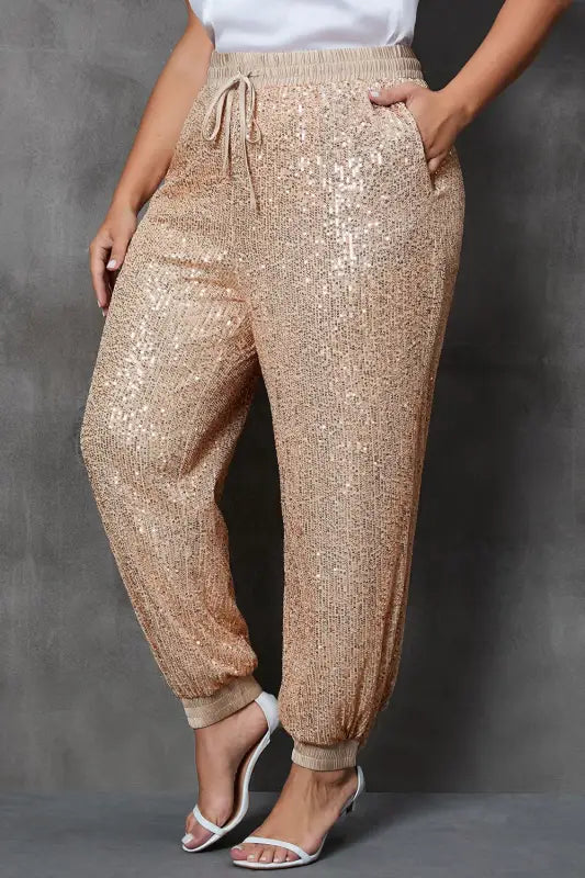 Plus Size Gold Sequin Drawstring Joggers with Pockets