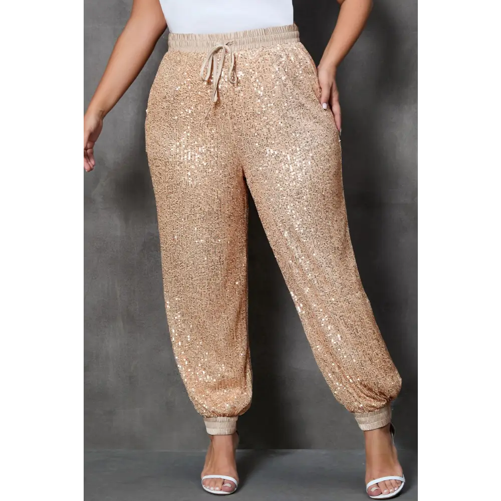 Plus Size Gold Star Sequin Drawstring Joggers with Pockets
