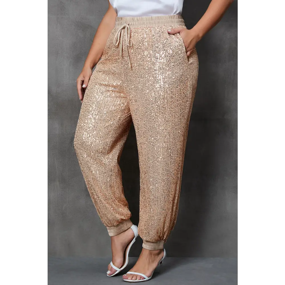Plus Size Gold Star Sequin Drawstring Joggers with Pockets
