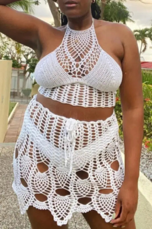 Plus Size Halter Neck Knitted Sheer Swim Cover-Up Set