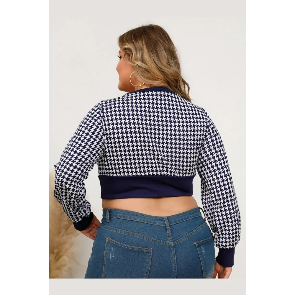 Plus Size Houndstooth V - Neck Long Sleeve Crop Top - Tops