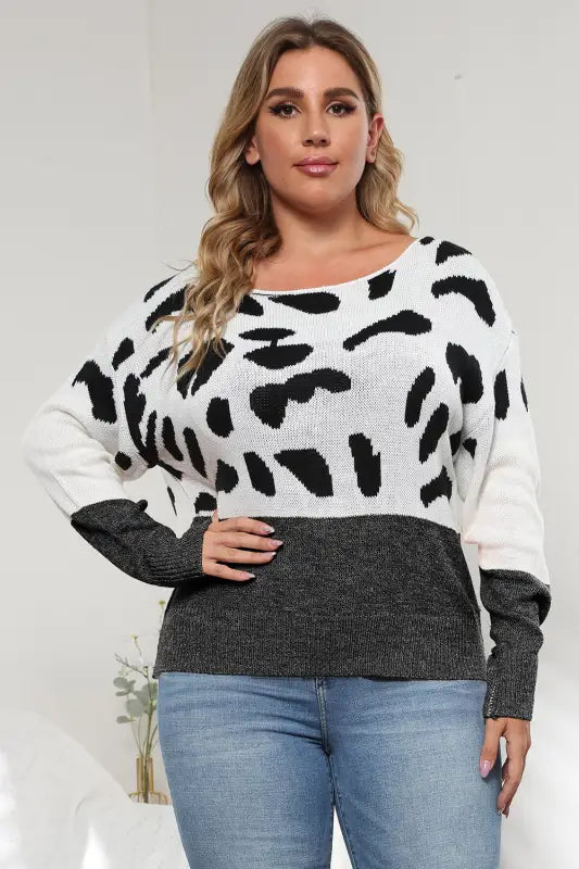 Plus Size Leopard Round Neck Long Sleeve Sweater - L