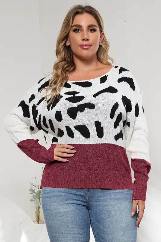 Plus Size Leopard Round Neck Long Sleeve Sweater - L / Wine