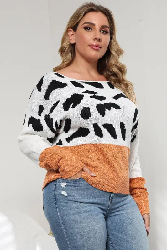 Plus Size Leopard Round Neck Long Sleeve Sweater - Pullover