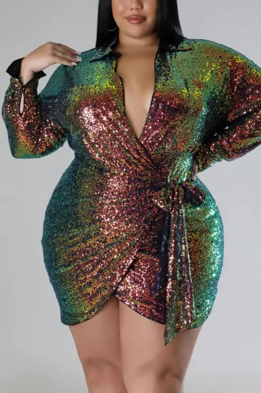 Plus Size Lovely Lady Collared Sequin Mini Dress - Dresses