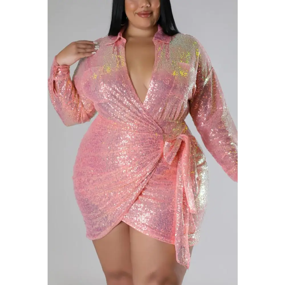 Plus Size Lovely Lady Collared Sequin Mini Dress - L / Pink
