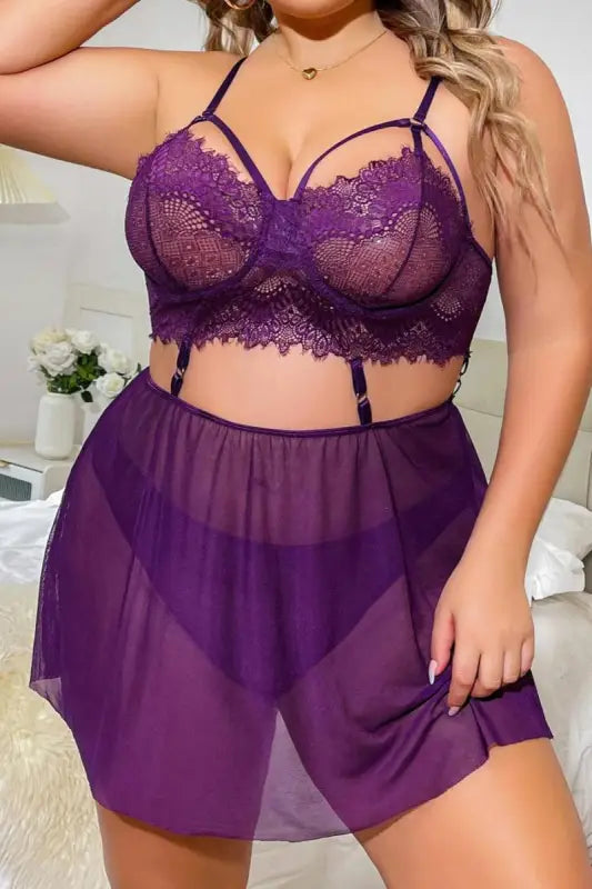 Plus Size Mesh Underwire Babydoll(with panty) - XL / Purple