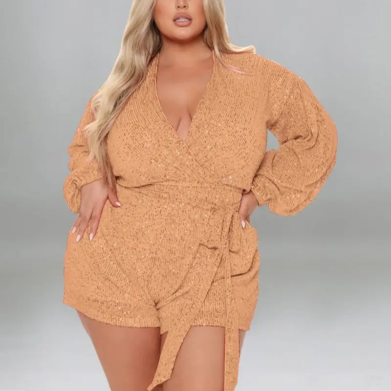 Plus Size Miss Right Sequin V-Neck Romper With Belt - XL