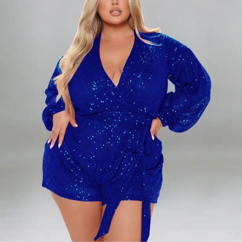 Plus Size Miss Right Sequin V-Neck Romper With Belt - XL
