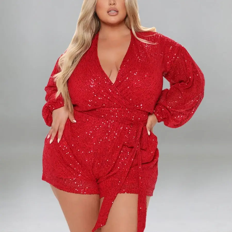 Plus Size Miss Right Sequin V - Neck Romper With Belt - XL