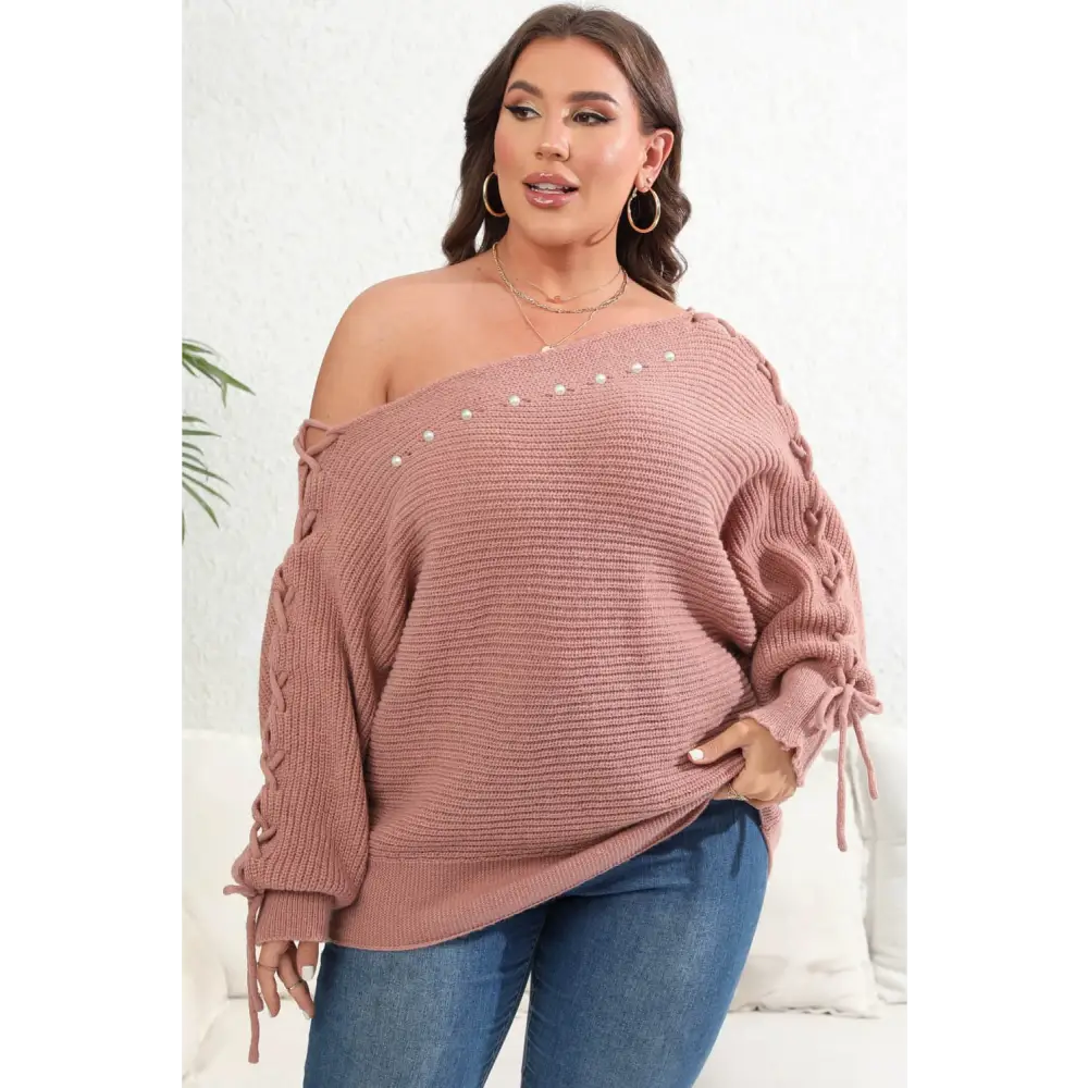 Plus Size One Shoulder Beaded Sweater - 1XL / Pink