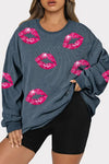 Plus Size Pink Kisses Ribbed Sweatshirt - 1XL / Navy Blue