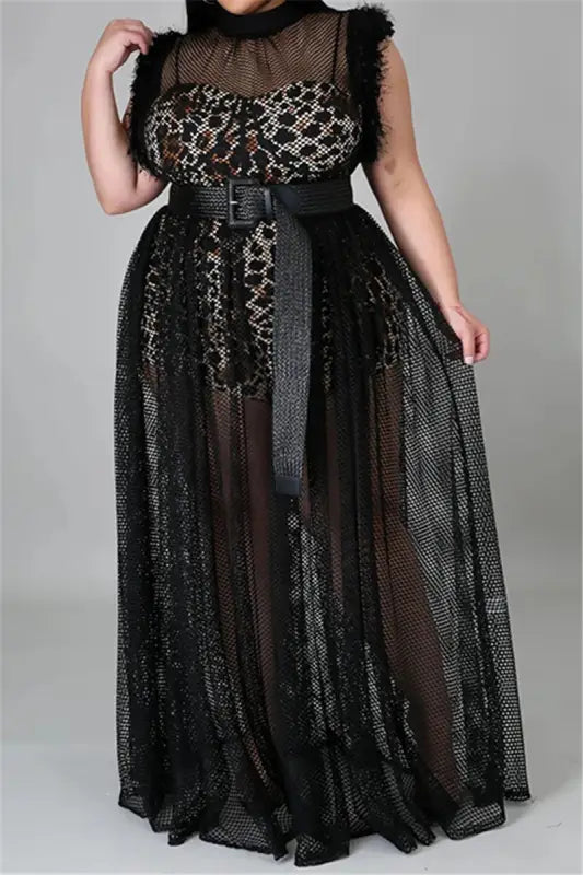 Plus Size Playsuit and Fuzzy Sleeve Netted Maxi Dress Set