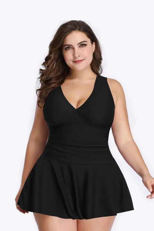 Plus Size Plunge Swim Dress - Black / L - Dresses