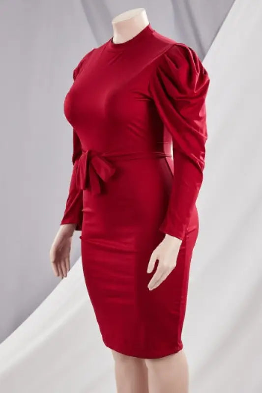 Plus Size Puff-Sleeve Casual Belted Midi Dress - Dresses