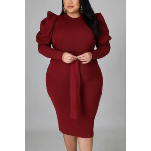 Plus Size Puff - Sleeve Casual Belted Midi Dress - Dresses