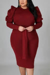 Plus Size Puff-Sleeve Casual Belted Midi Dress - Dresses