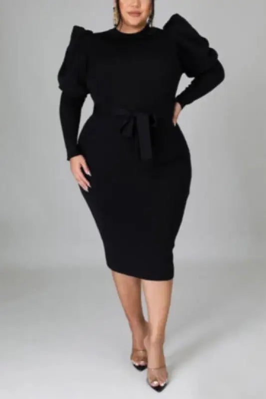 Plus Size Puff-Sleeve Casual Belted Midi Dress - L / Black