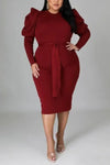 Plus Size Puff-Sleeve Casual Belted Midi Dress - L / Rose