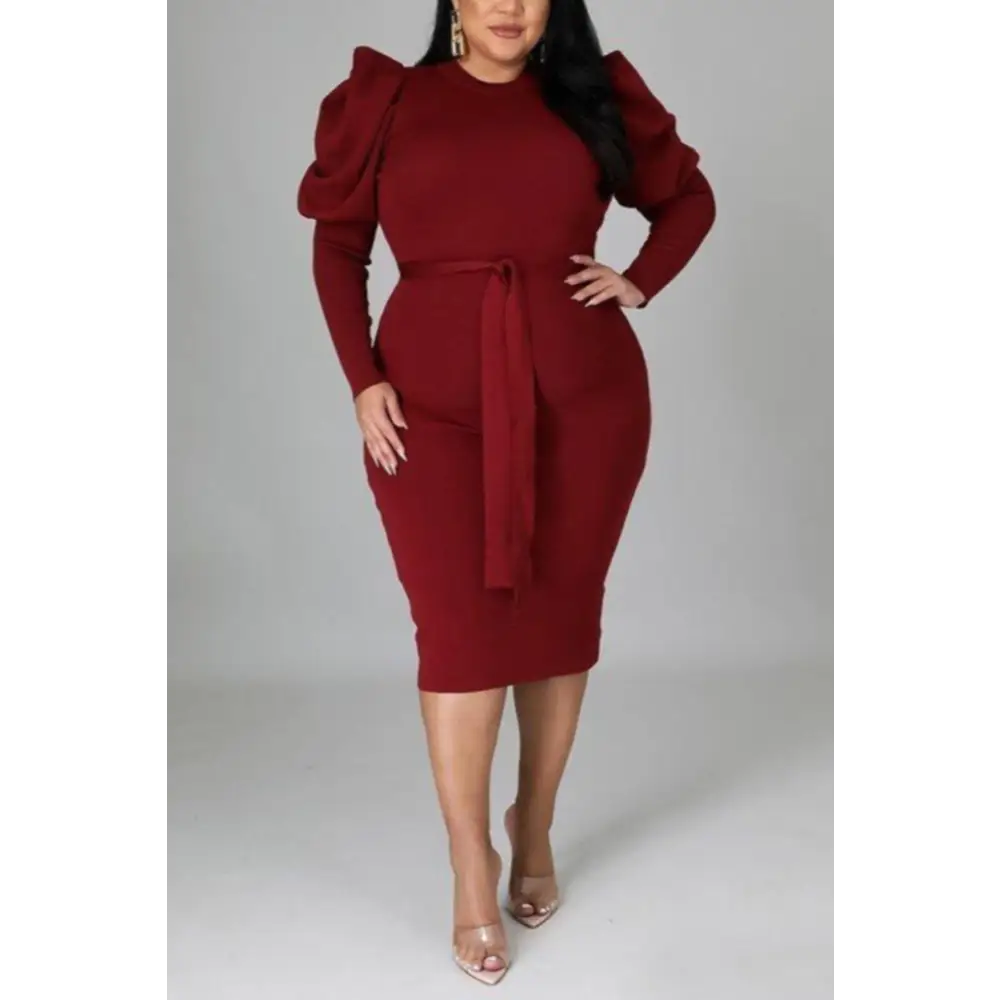 Plus Size Puff - Sleeve Casual Belted Midi Dress - L / Rose