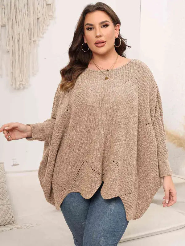 Plus Size Round Neck Batwing Sleeve Sweater - 1XL / Tan