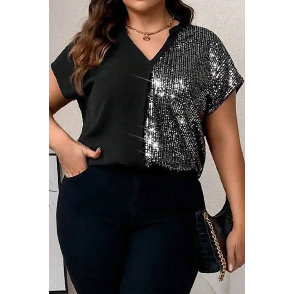 Plus Size Sequin Notched Short Sleeve Top - 1XL