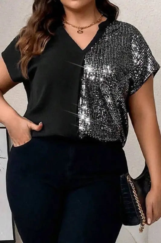 Plus Size Sequin Notched Short Sleeve Top - 1XL