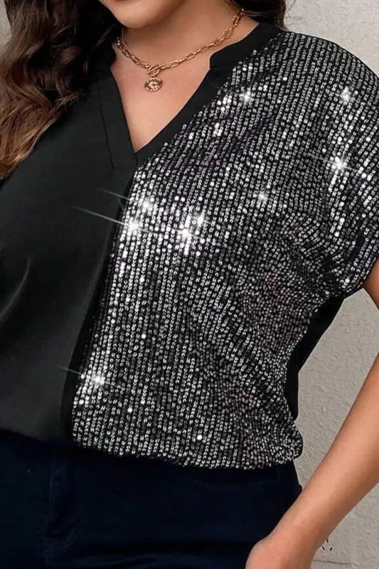 Plus Size Sequin Notched Short Sleeve Top - Tops