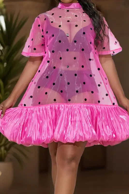 Plus Size Sheer Mesh Polka Dot Baby Doll Mini Dress - XL