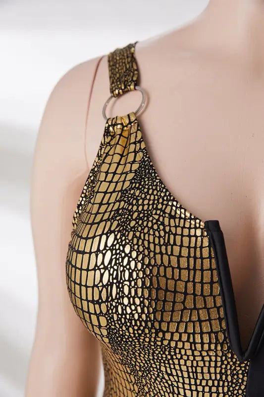 Plus Size Snake Skin Gold Metallic-Ring Connected Swimsuit
