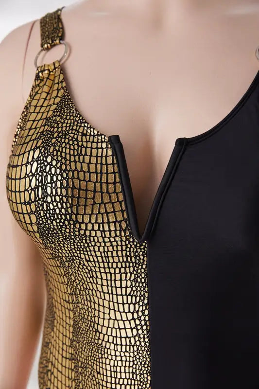 Plus Size Snake Skin Gold Metallic-Ring Connected Swimsuit