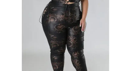 Plus Size Snake Skin Print Faux Leather Crop Top High Waist