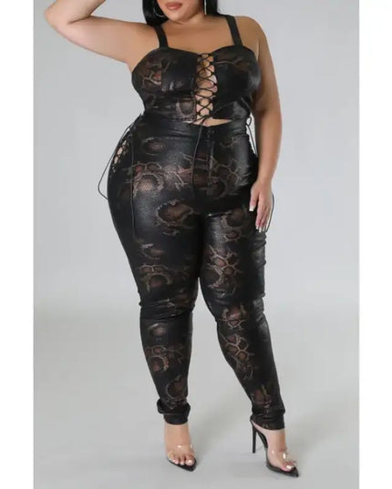 Plus Size Snake Skin Print Faux Leather Crop Top High Waist