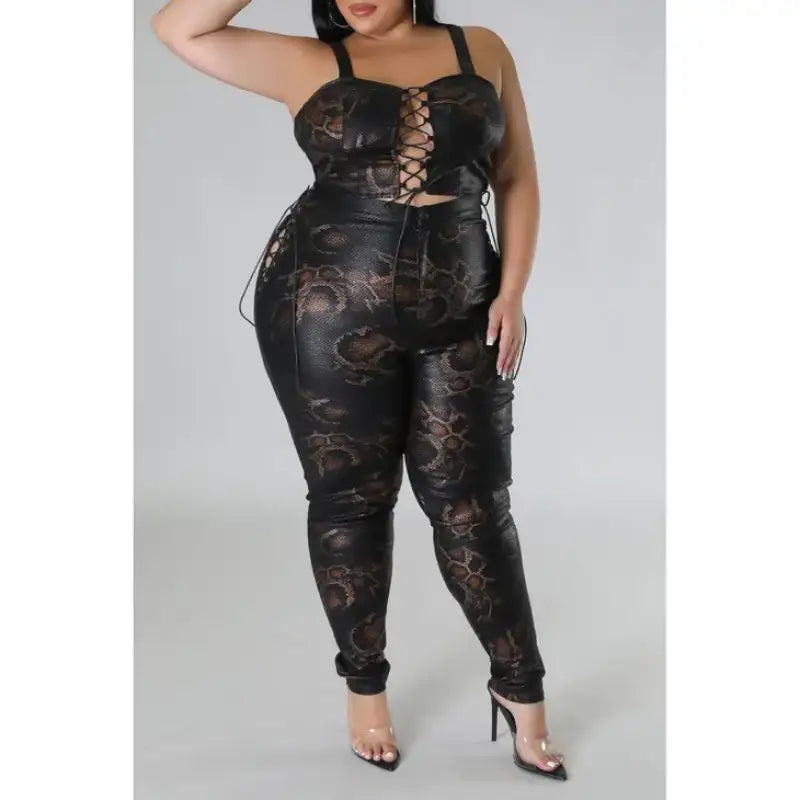 Plus Size Snake Skin Print Faux Leather Crop Top High Waist