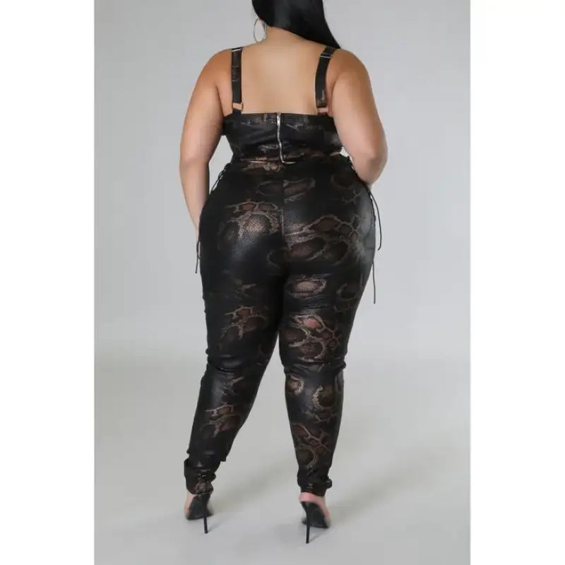 Plus Size Snake Skin Print Faux Leather Crop Top High Waist