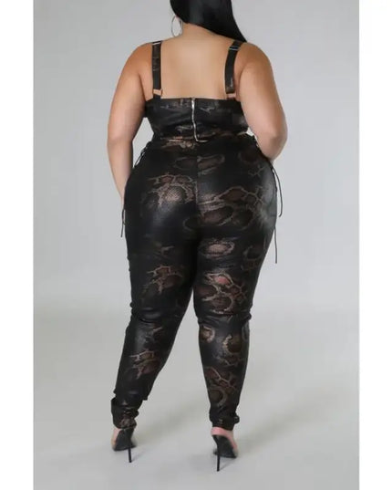 Plus Size Snake Skin Print Faux Leather Crop Top High Waist