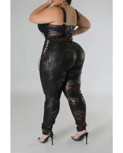 Plus Size Snake Skin Print Faux Leather Crop Top High Waist
