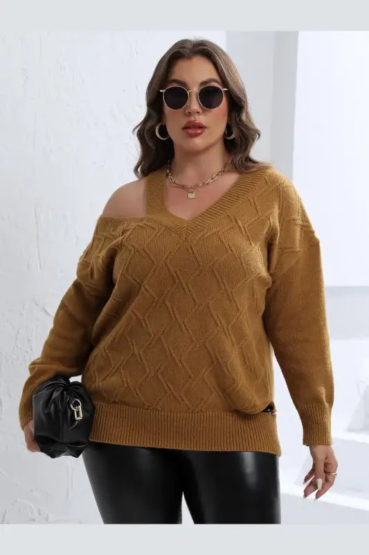 Plus Size Strap Cutout V-Neck Sweater - Pullover Sweaters