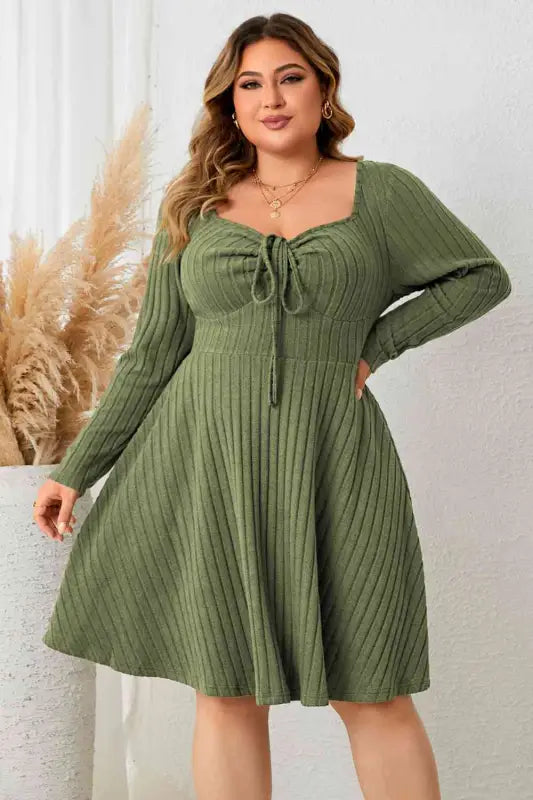 Plus Size Sweetheart Neck Long Sleeve Ribbed Dress - Mini