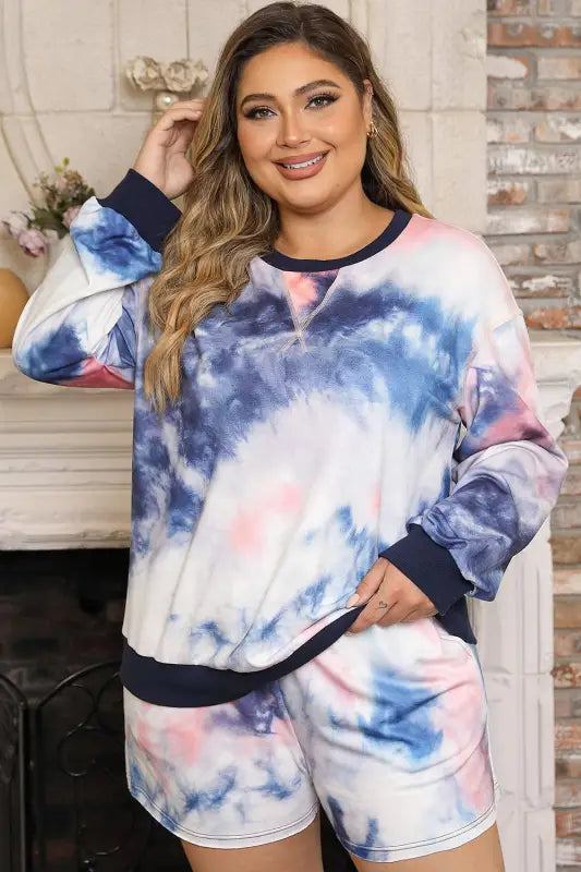 Plus Size Tie-Dye Long Sleeve Top and Shorts Set - 1XL
